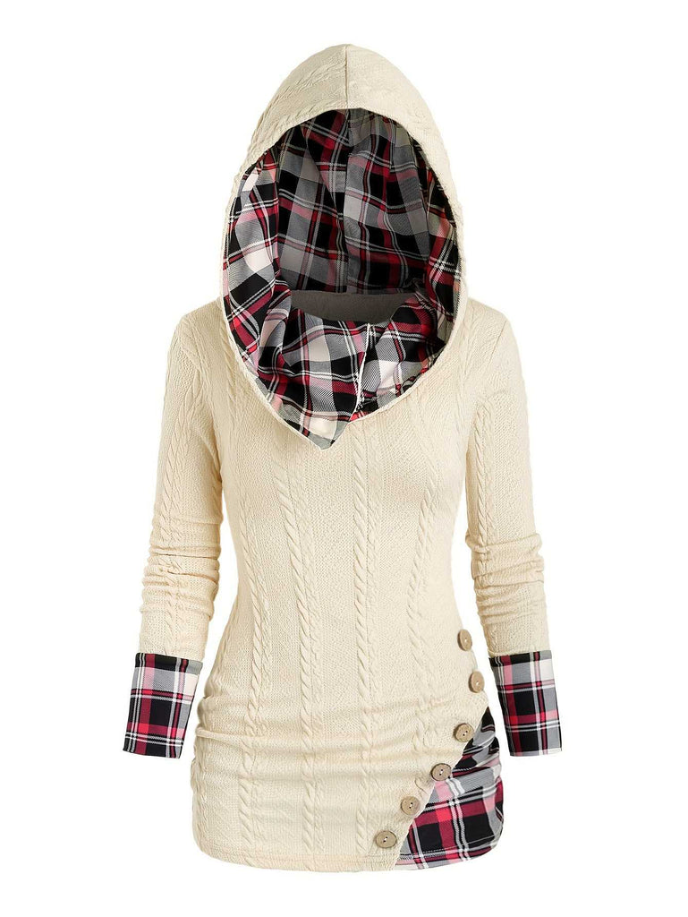 1940er Stricken Plaid Tasten Hooded Pullover