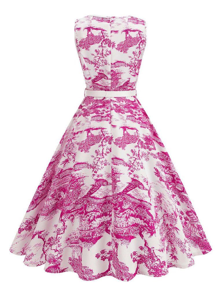 1950er Porzellan Landschaft Ärmellos Gürtel Kleid