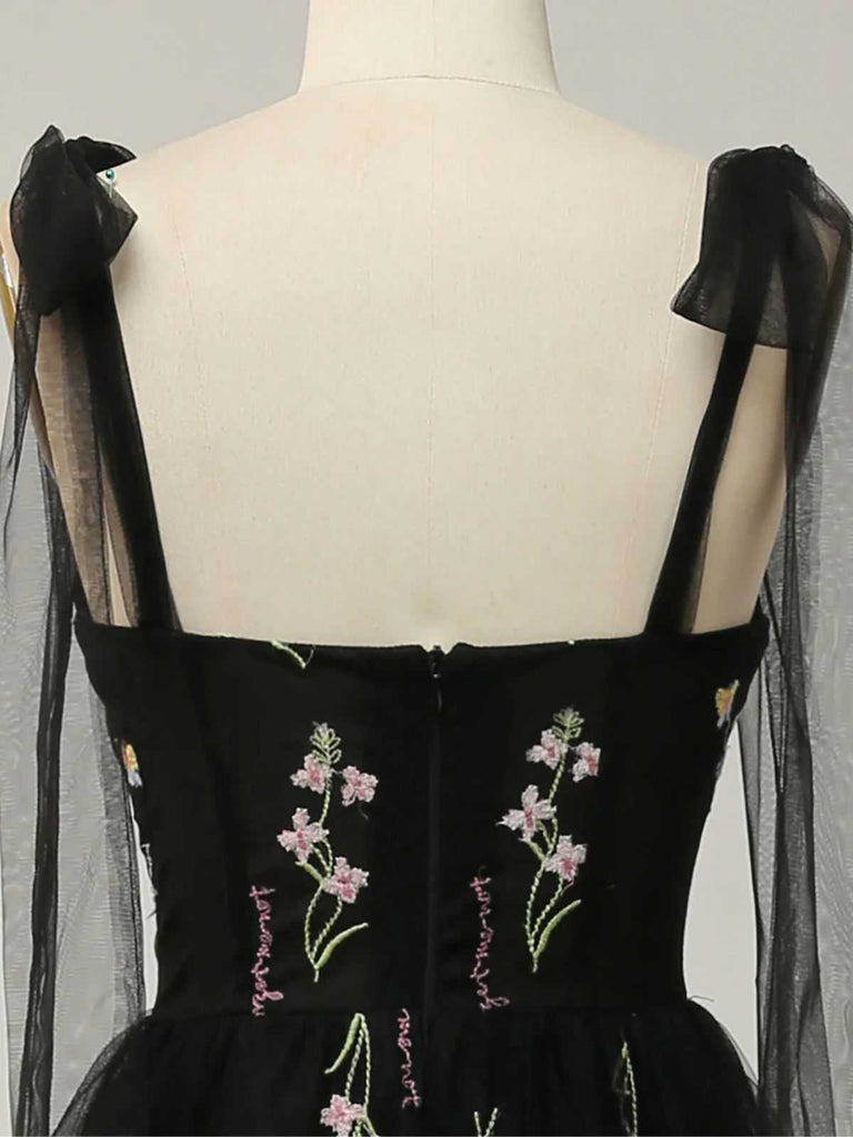 Schwarz 1930er Slip Bestickt Blumen Netz Maxi Kleid