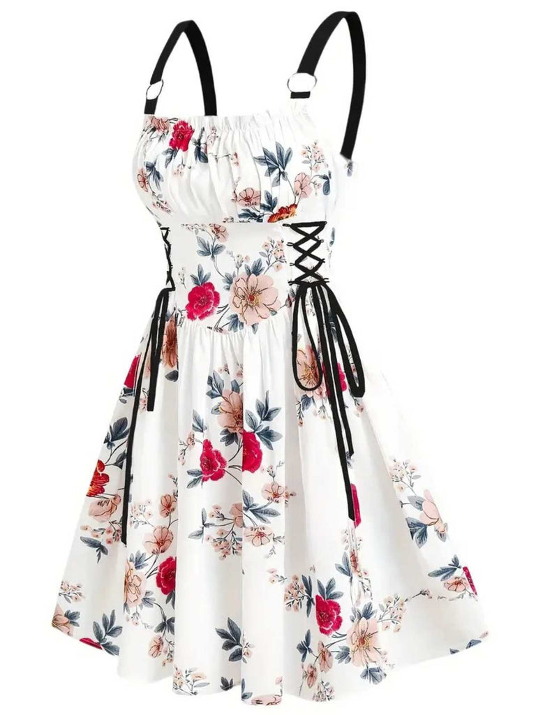 1950er Träger Blumen Schmetterlinge Schnürung Korsett Kleid