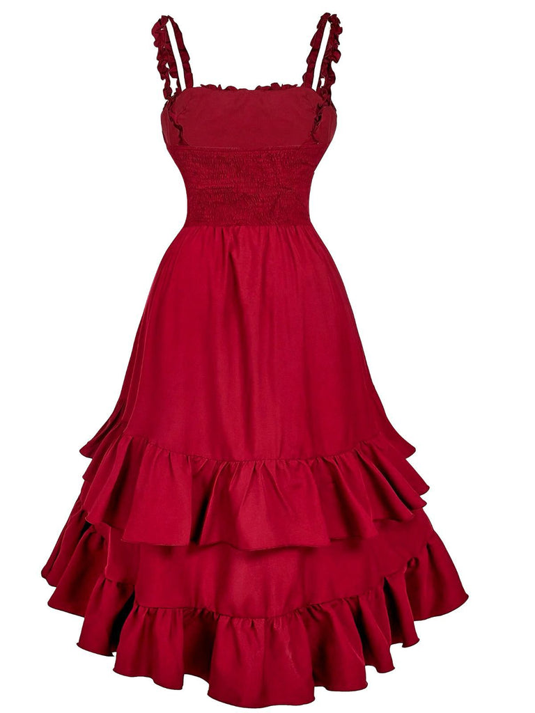 1950er Träger Gerafft Gestuft Rüschen Saum Kleid