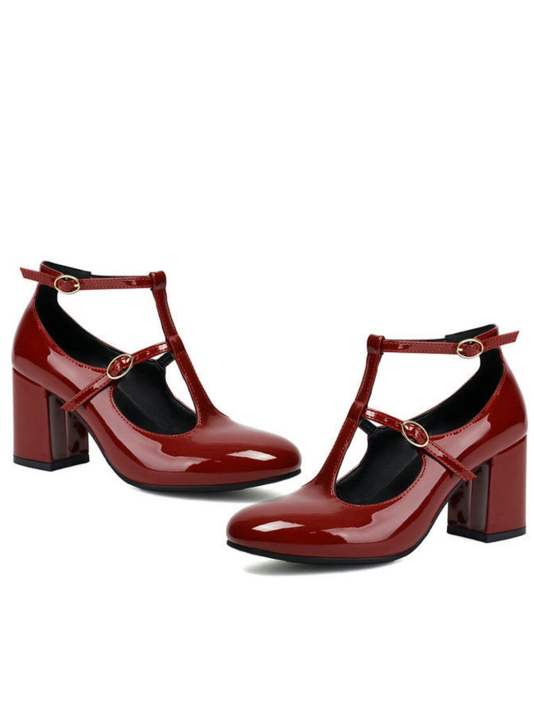 Vintage Lackleder T-Riemen Klobig Absatz Schuhe