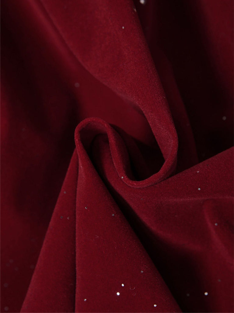 Weinrot 1980er Trägerlos Pailletten Bogen Mini Kleid