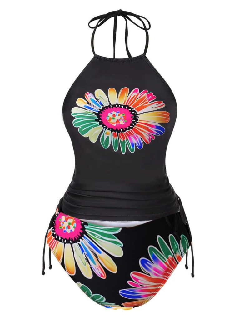 1960er Halter Neon Daisy Schnürung Tankini Set