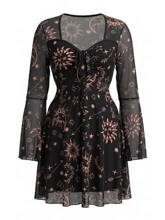 [Übergröße] Schwarzes 80er Meshkleid mit Kosmosprint