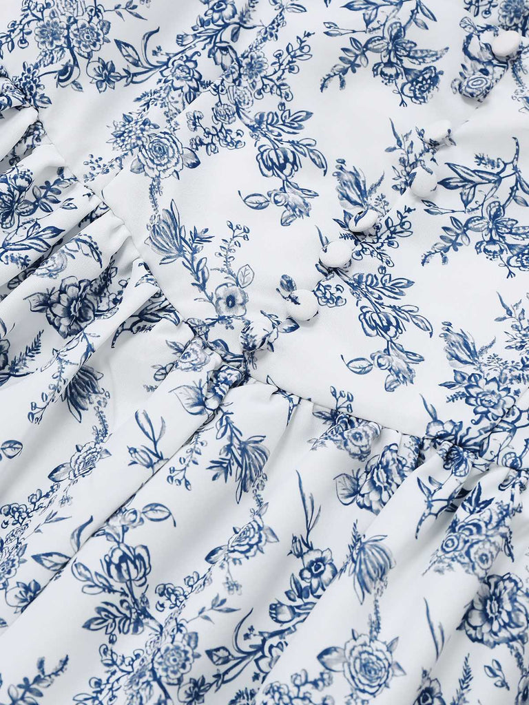 Blau 1950er Träger Blumen Spitze Korsett Kleid