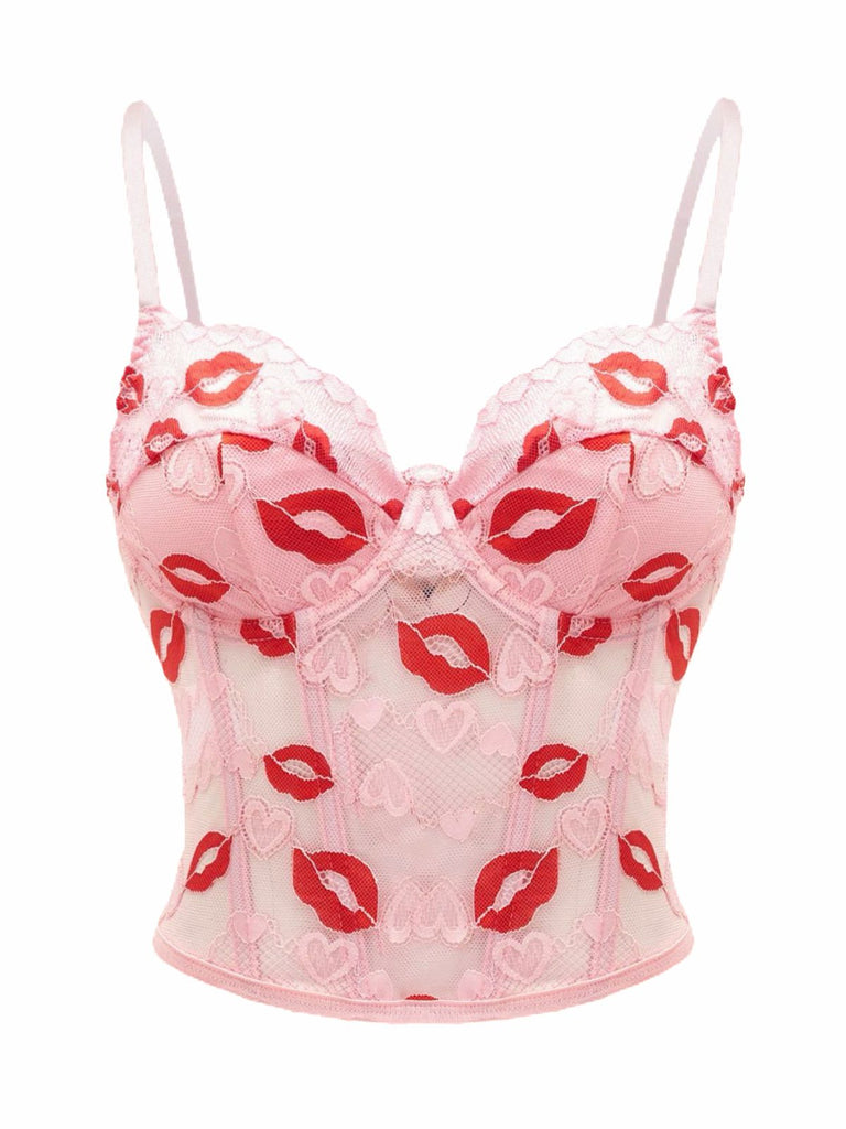 Rosa 1950er Valentinstag Kuss Druck Spitze Korsett