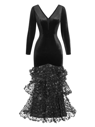 Schwarzes 80er Meerjungfrauenkleid mit Blumen und Rüschen