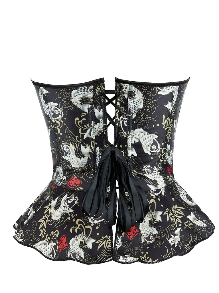 Schwarz 1970er Trägerlos Koi Fisch Drucken Rüschen Korsett