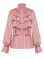 Rosa 1980er Chiffon Rüschen Hochhals Bluse