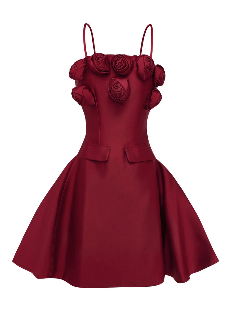 Weinrot 1960er Einfarbig 3D Blumen Kurz Kleid