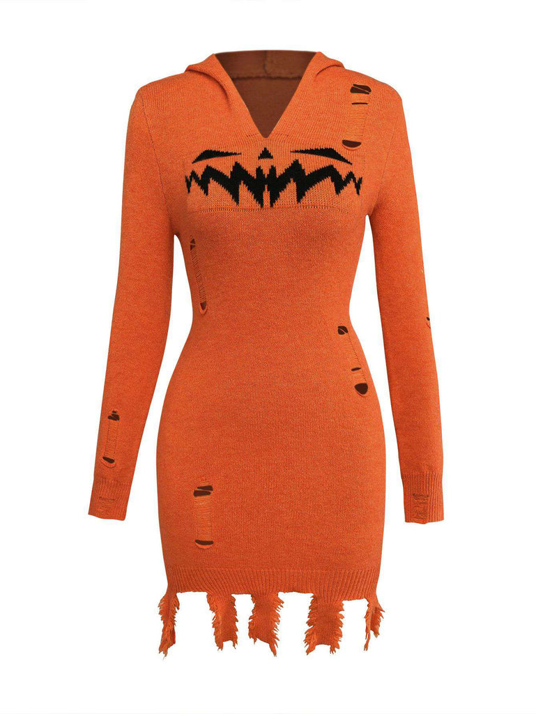 Orange 1970er Halloween Kürbis Stricken Hoodie Kleid