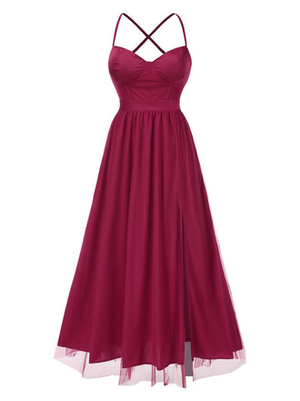 Rot 1930er Solide Netz Spaghetti Träger Abend Kleid