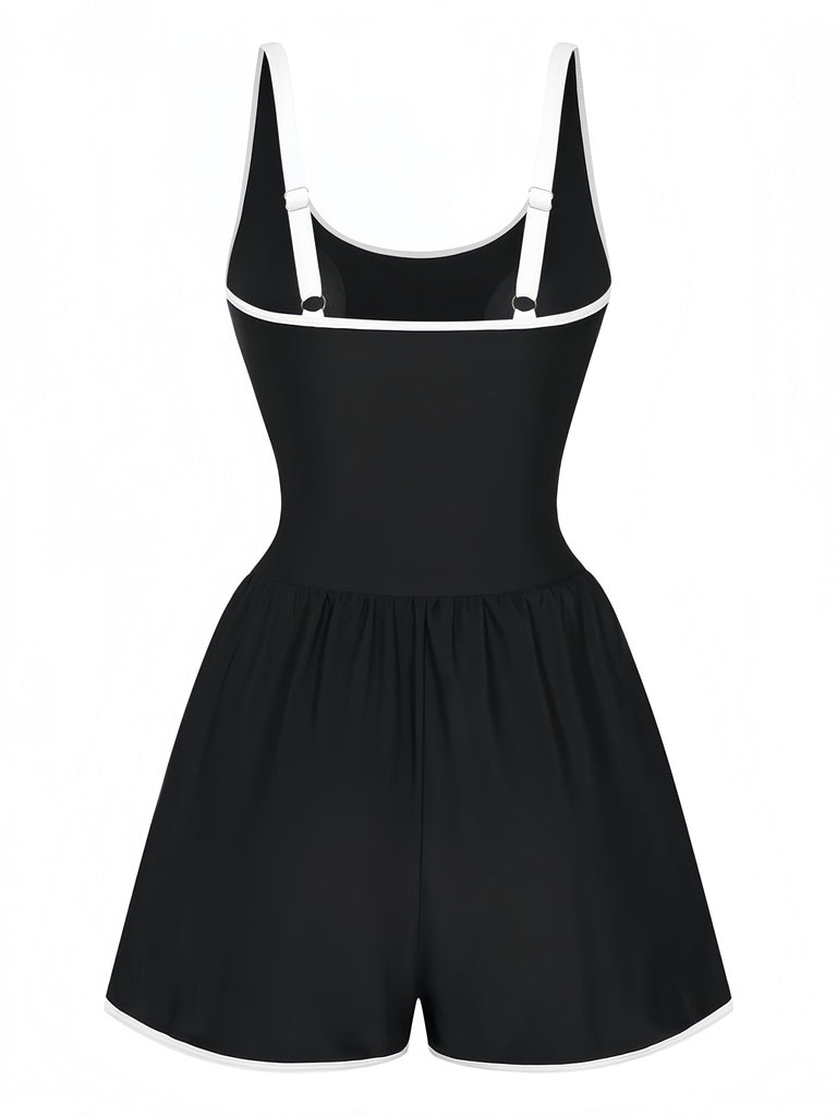 Schwarz 1940er Blumen Einteiliger Badeanzug