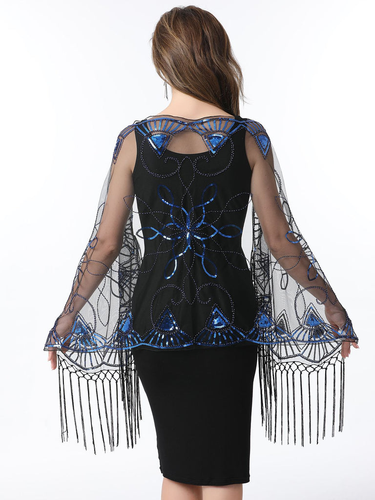 1920er Quaste Pailletten Netz Geometrische Muster Cape