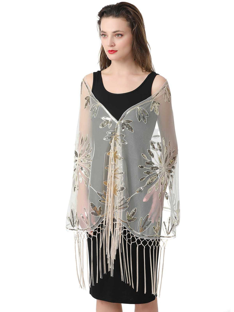 1920er Quaste Pailletten Netz Blumen Cape