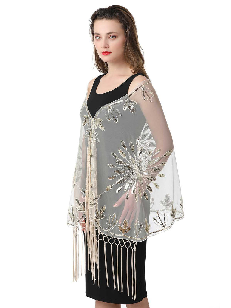 1920er Quaste Pailletten Netz Blumen Cape