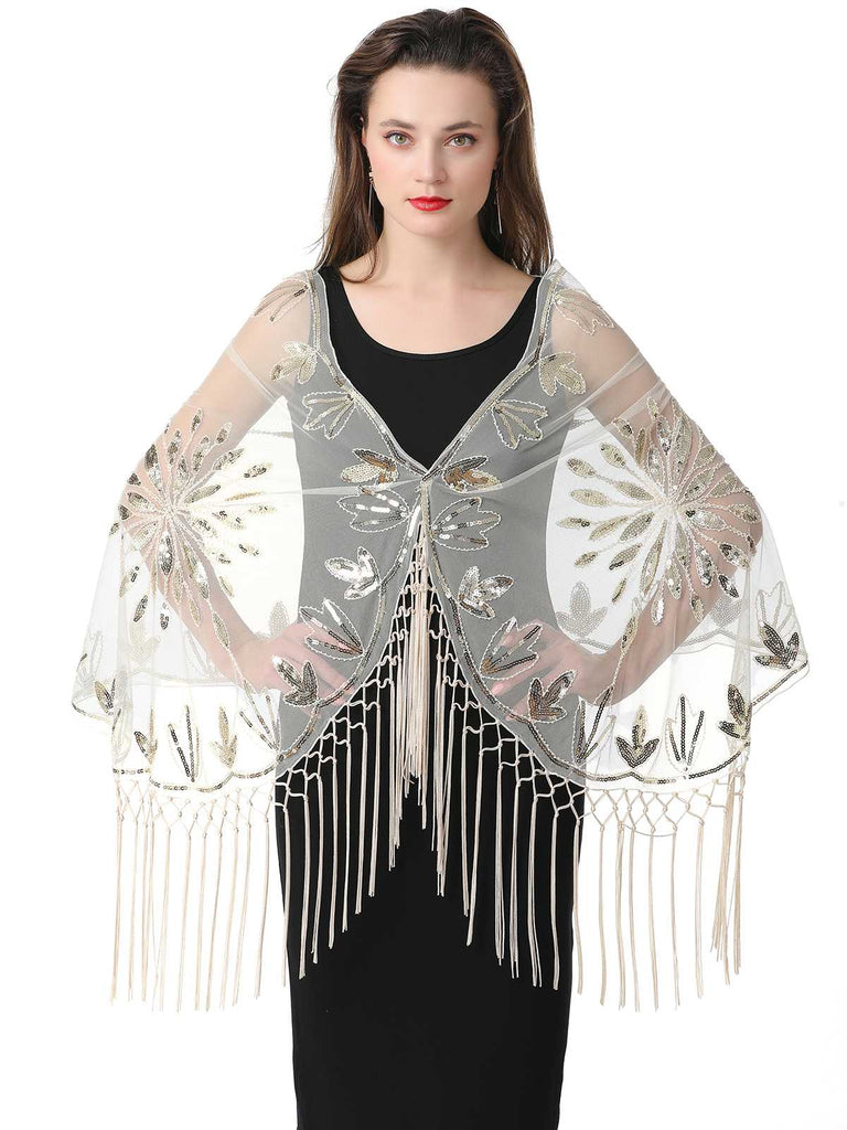 1920er Quaste Pailletten Netz Blumen Cape