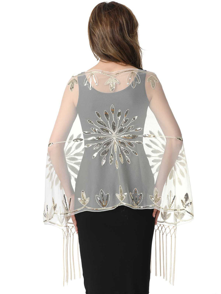 1920er Quaste Pailletten Netz Blumen Cape