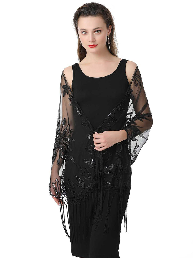 1920er Quaste Pailletten Netz Blumen Cape