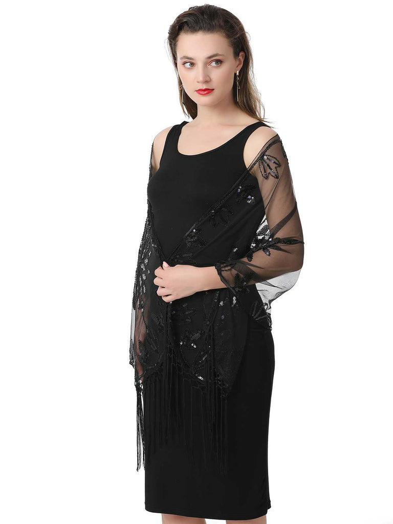 1920er Quaste Pailletten Netz Blumen Cape