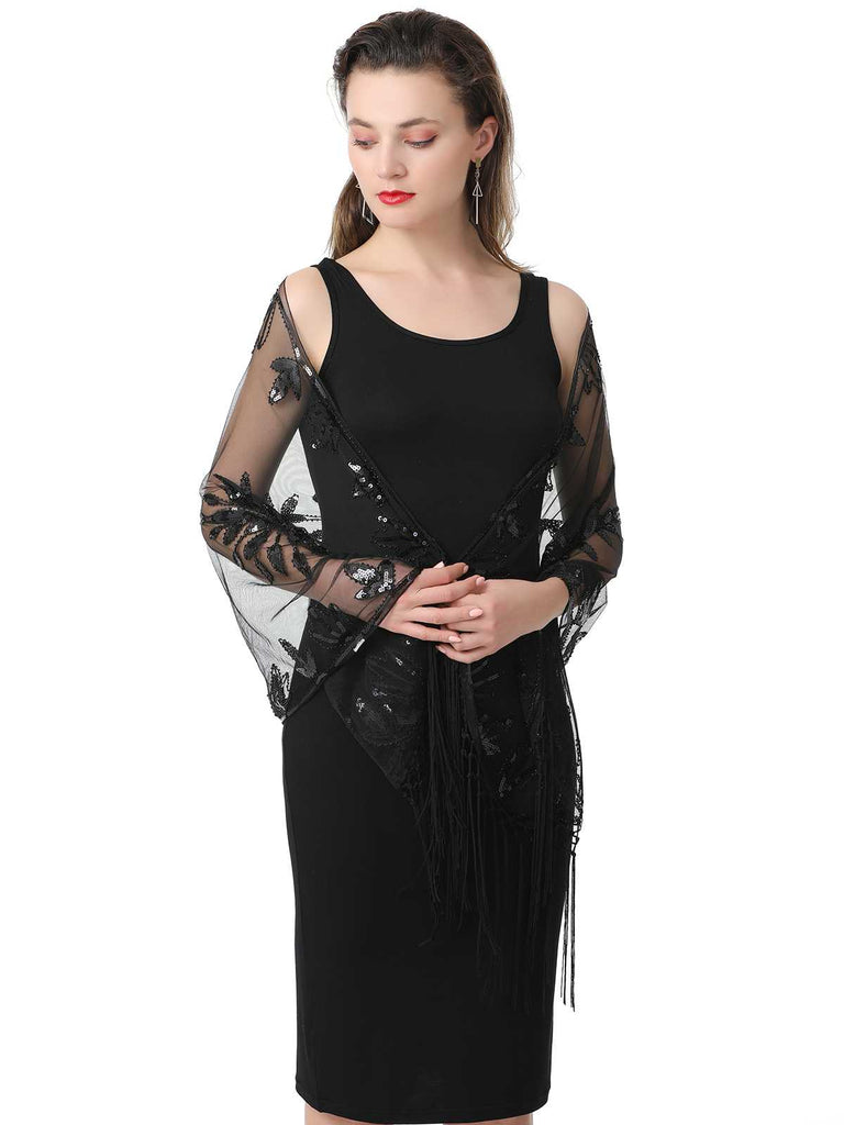 1920er Quaste Pailletten Netz Blumen Cape