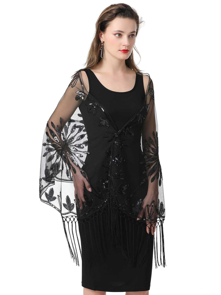 1920er Quaste Pailletten Netz Blumen Cape