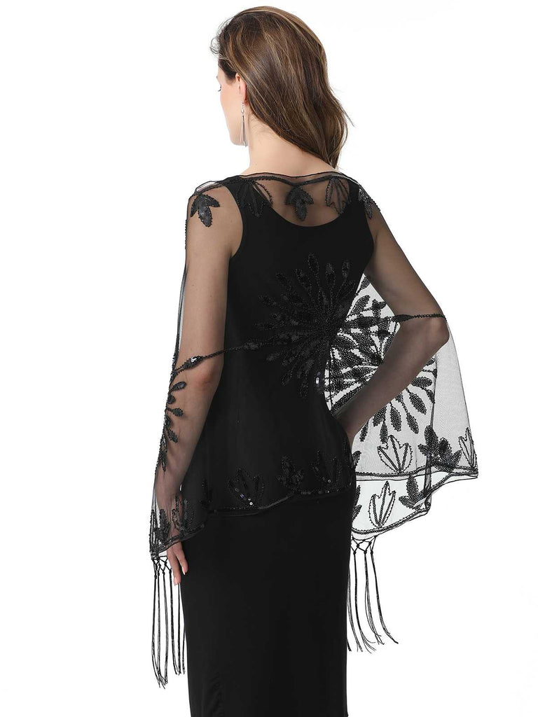 1920er Quaste Pailletten Netz Blumen Cape