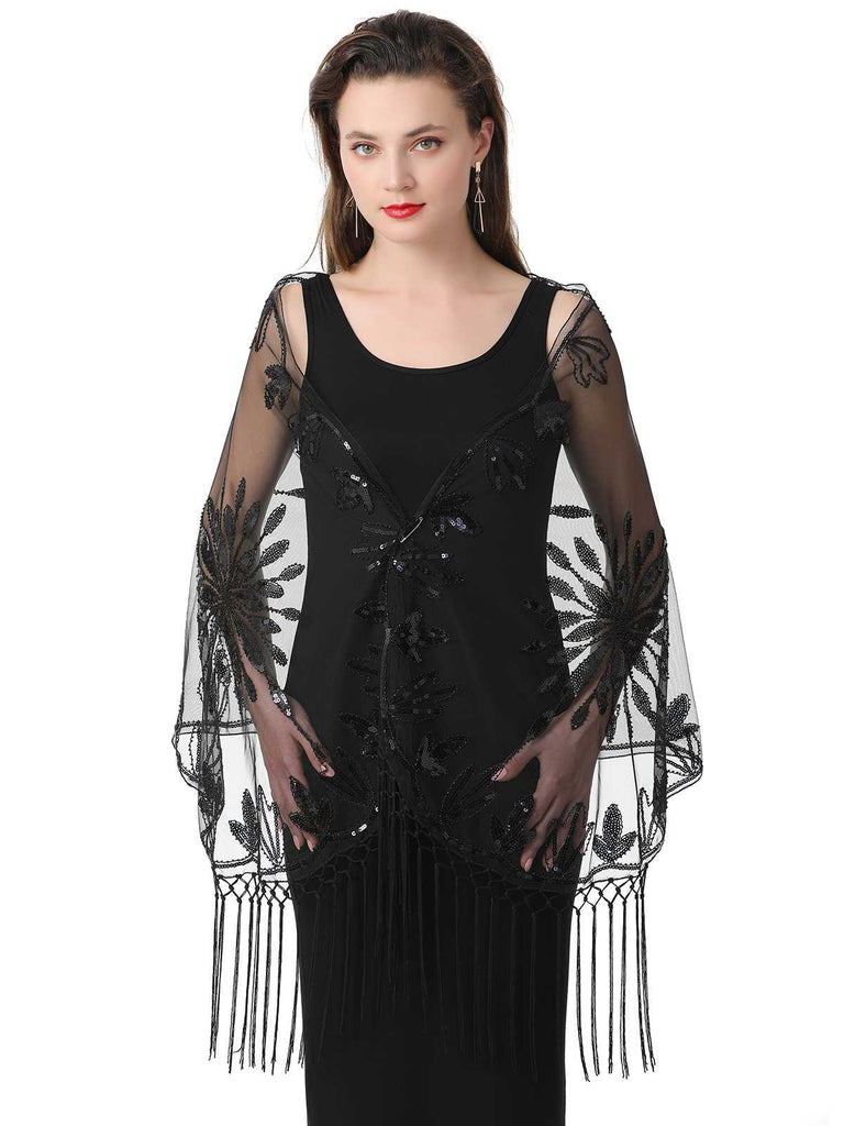 1920er Quaste Pailletten Netz Blumen Cape
