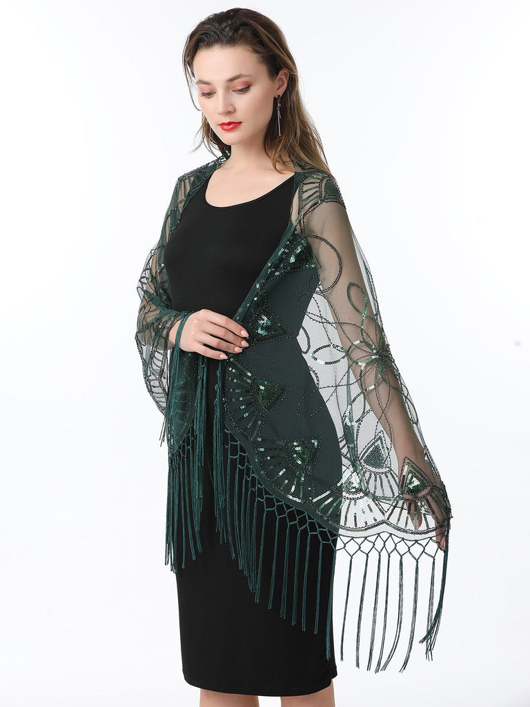 1920er Quaste Pailletten Netz Geometrische Muster Cape