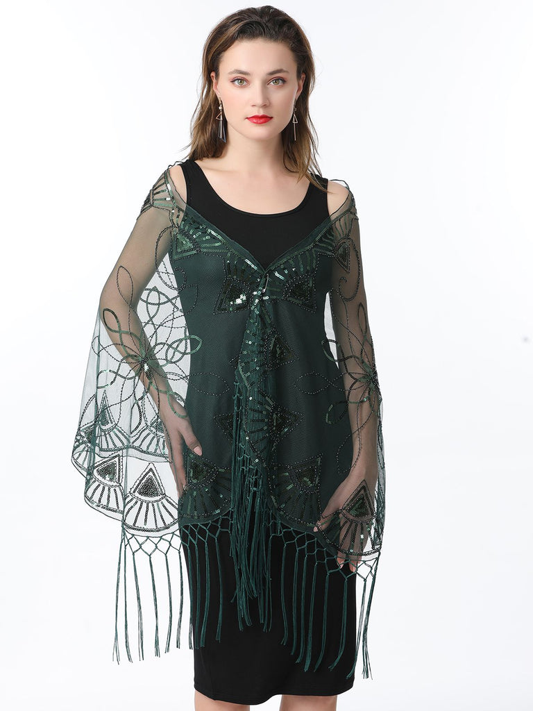 1920er Quaste Pailletten Netz Geometrische Muster Cape