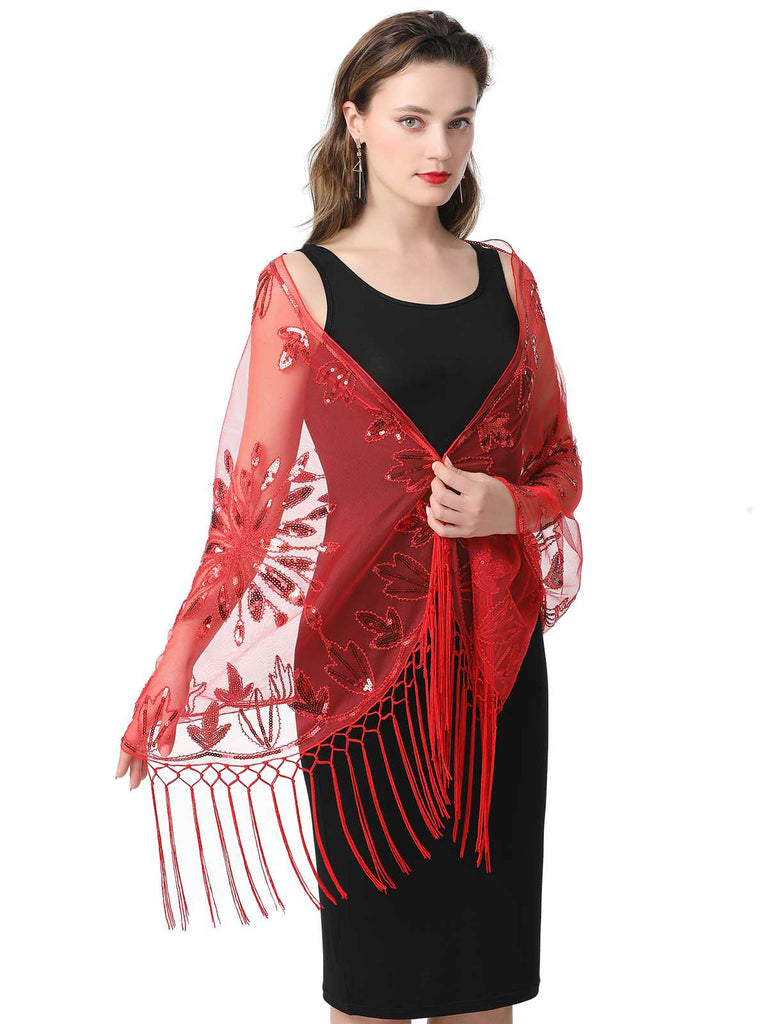 1920er Quaste Pailletten Netz Blumen Cape