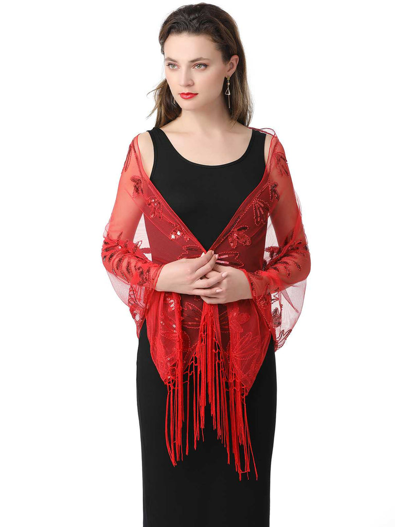 1920er Quaste Pailletten Netz Blumen Cape