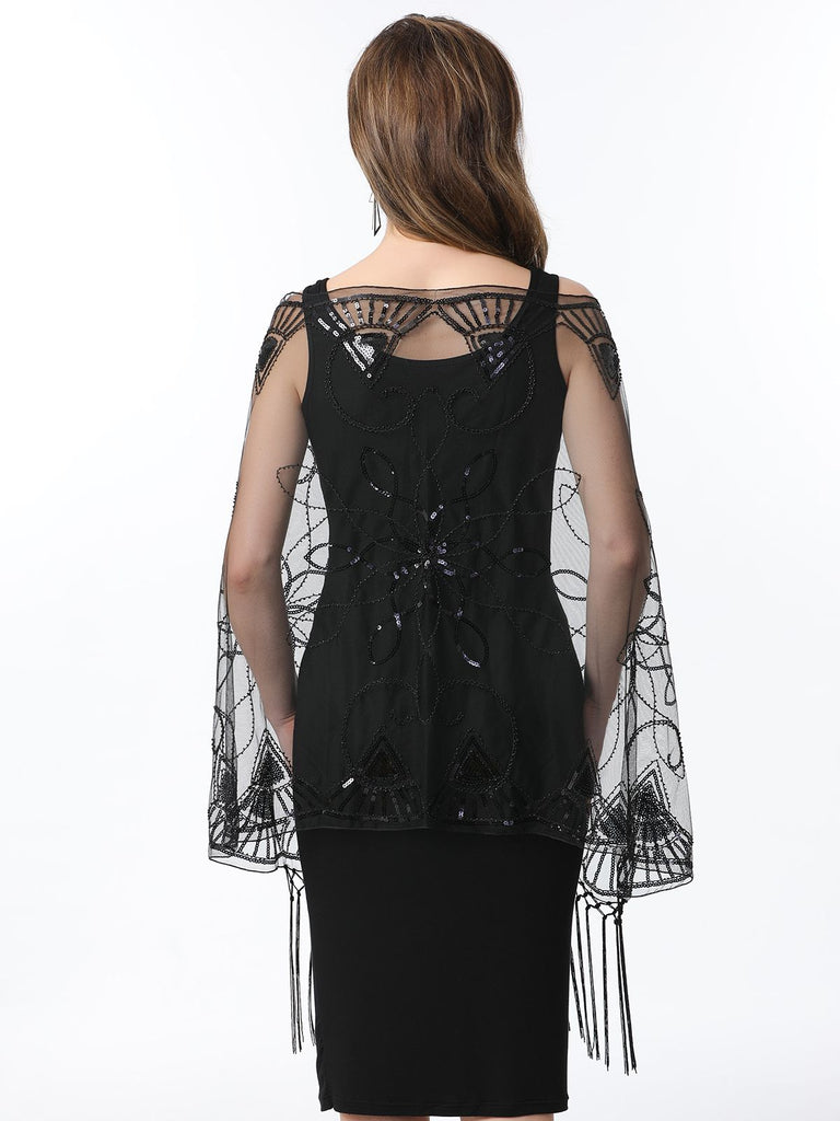 1920er Quaste Pailletten Netz Geometrische Muster Cape