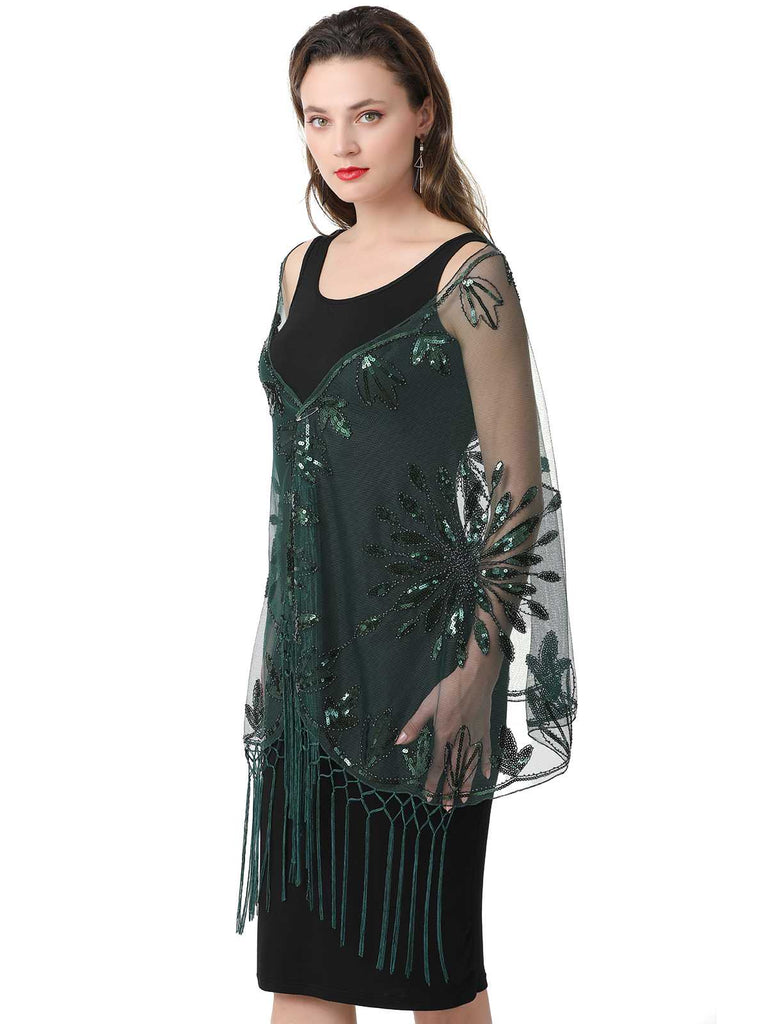 1920er Quaste Pailletten Netz Blumen Cape