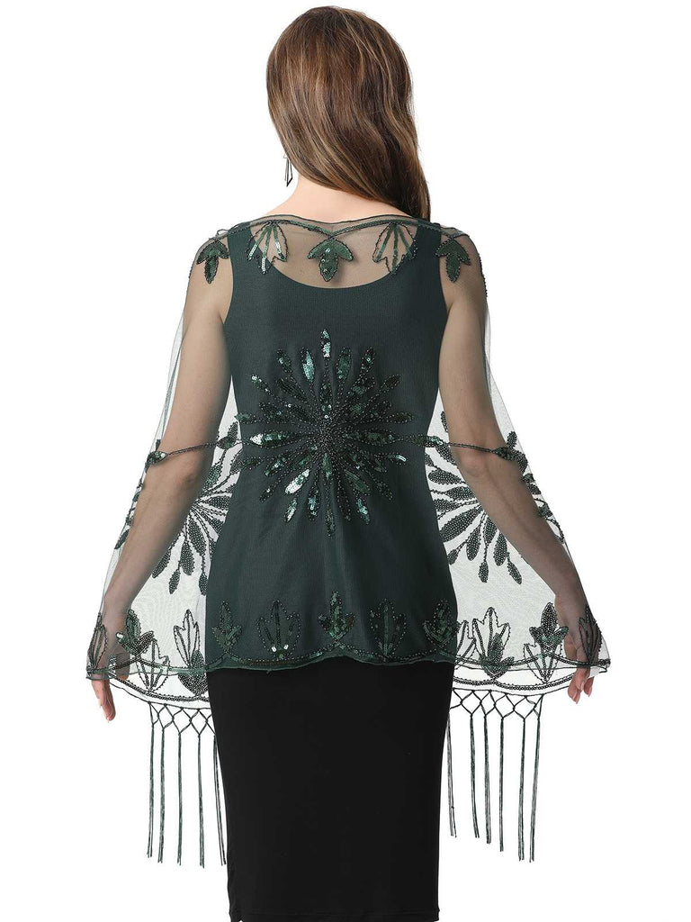 1920er Quaste Pailletten Netz Blumen Cape