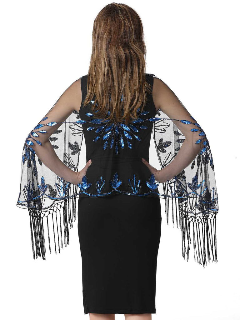 1920er Quaste Pailletten Netz Blumen Cape