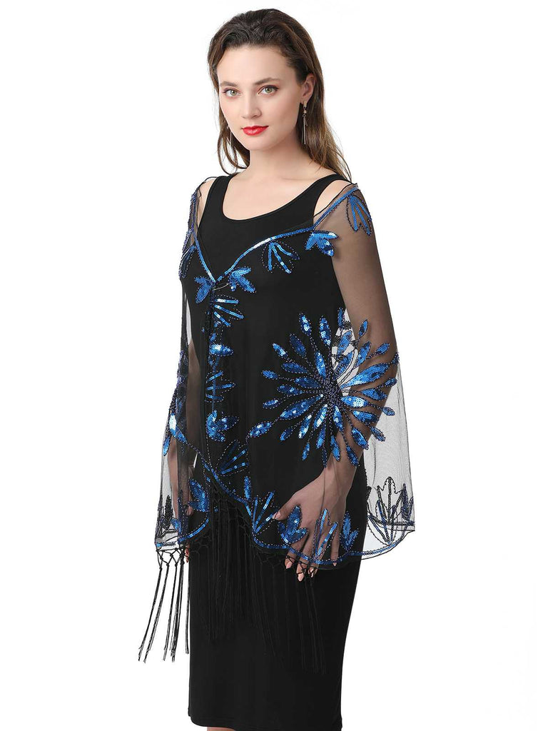 1920er Quaste Pailletten Netz Blumen Cape