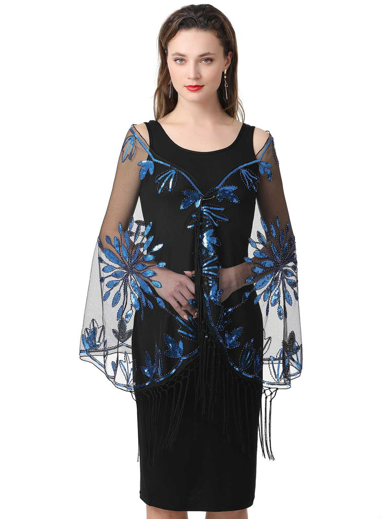 1920er Quaste Pailletten Netz Blumen Cape