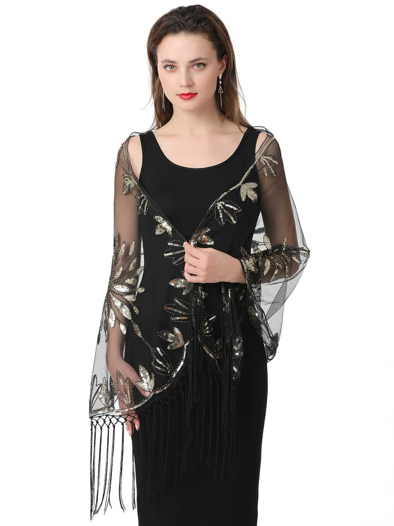 1920er Quaste Pailletten Netz Blumen Cape