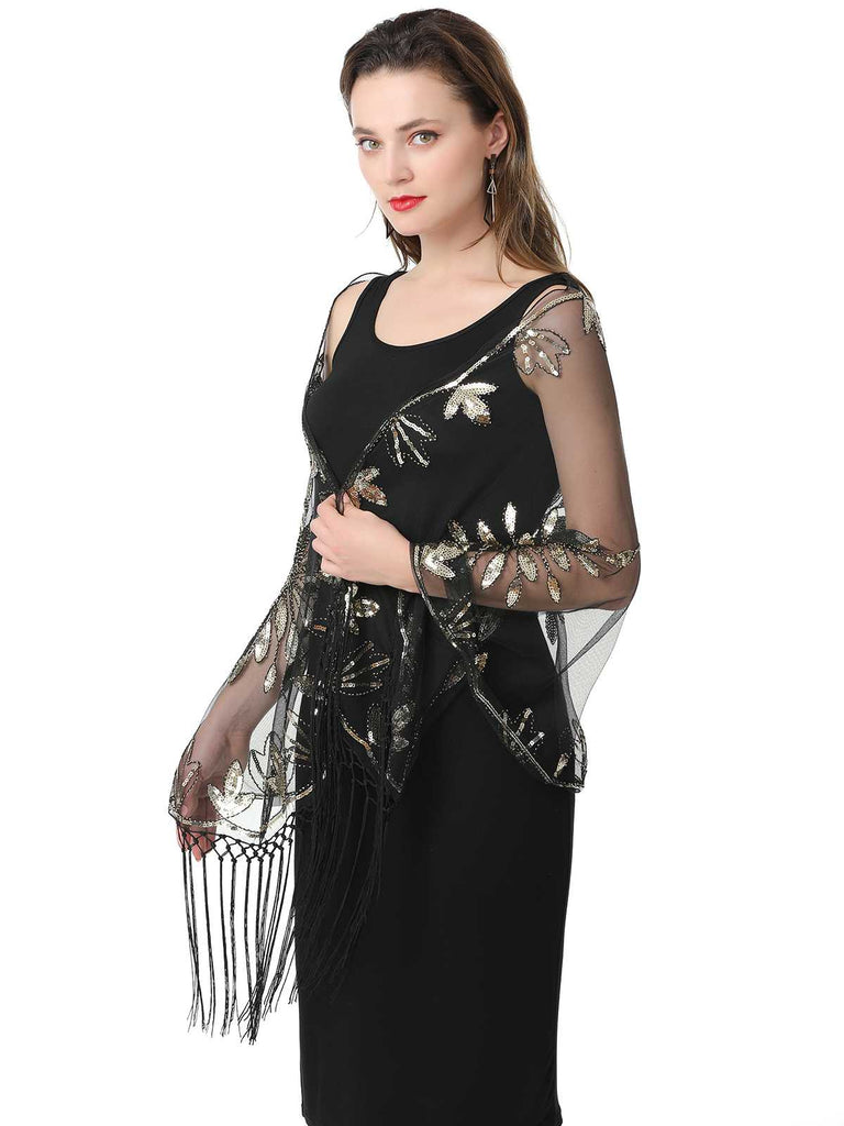 1920er Quaste Pailletten Netz Blumen Cape