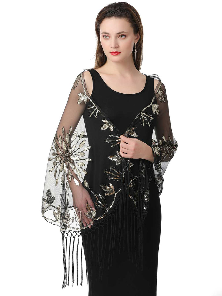 1920er Quaste Pailletten Netz Blumen Cape