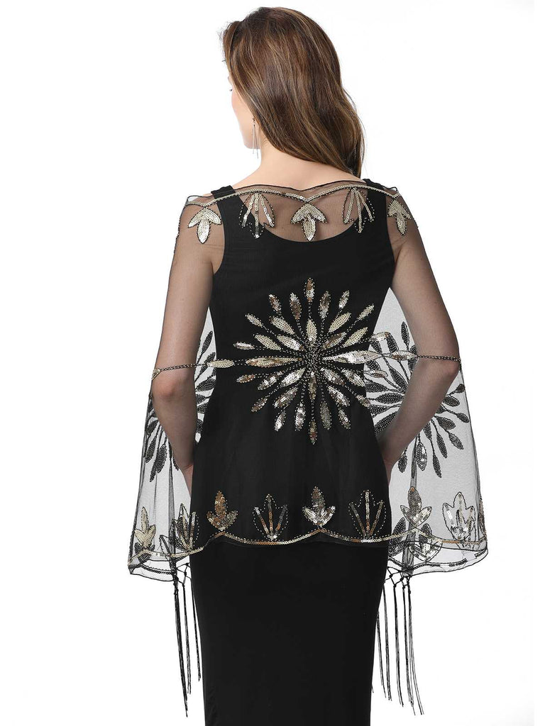1920er Quaste Pailletten Netz Blumen Cape