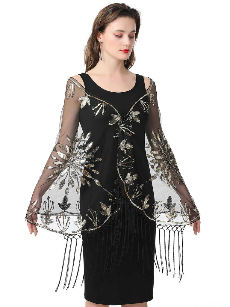 1920er Quaste Pailletten Netz Blumen Cape