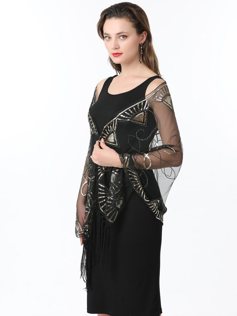 1920er Quaste Pailletten Netz Geometrische Muster Cape