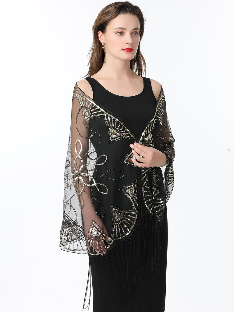 1920er Quaste Pailletten Netz Geometrische Muster Cape
