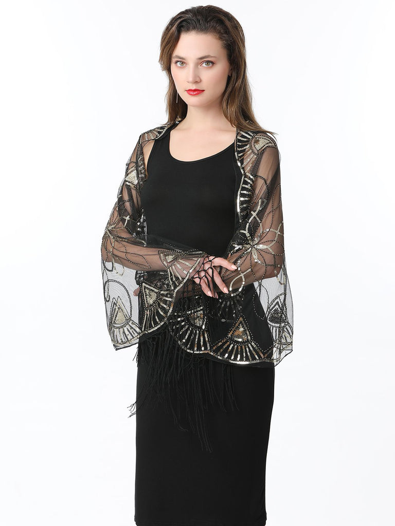 1920er Quaste Pailletten Netz Geometrische Muster Cape