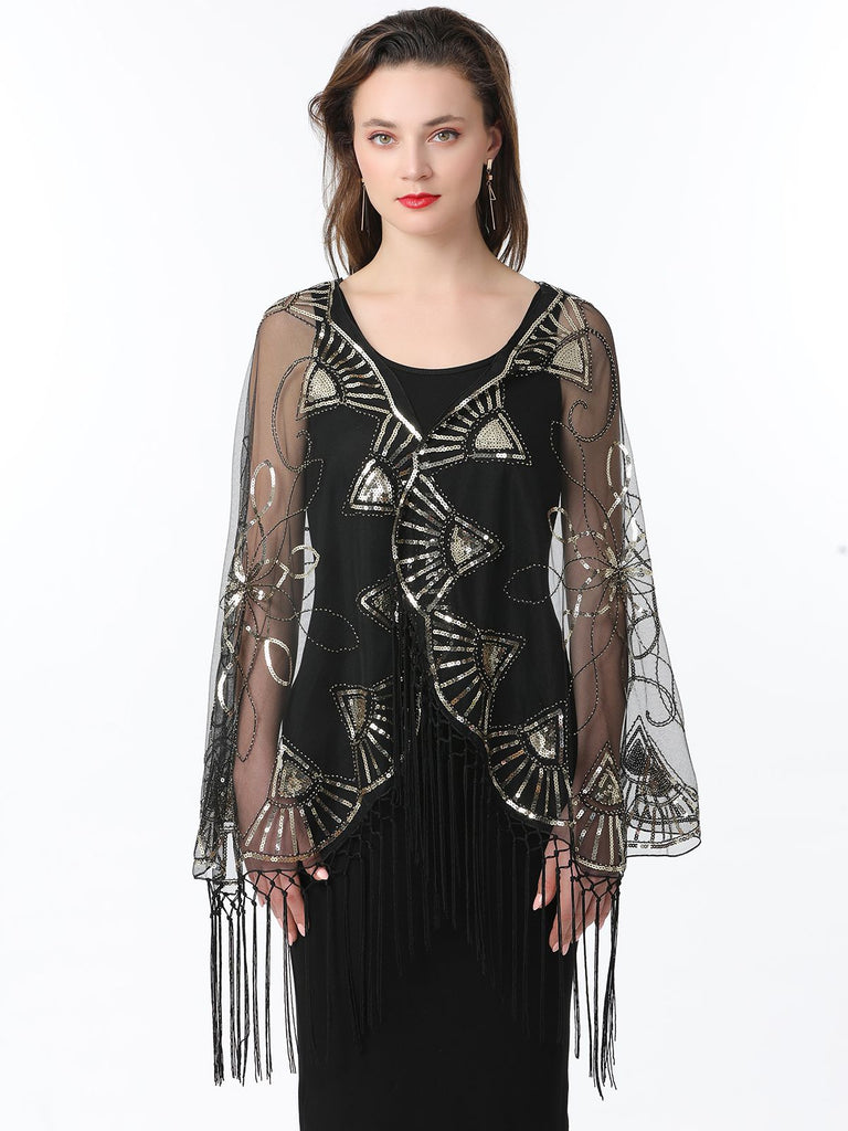 1920er Quaste Pailletten Netz Geometrische Muster Cape
