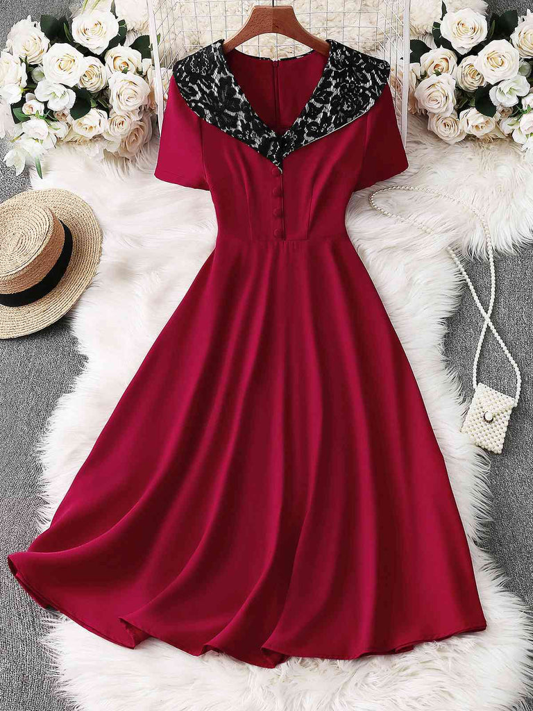 Rot 1950er Spitze Blumen Matrosen Kragen Swing Kleid