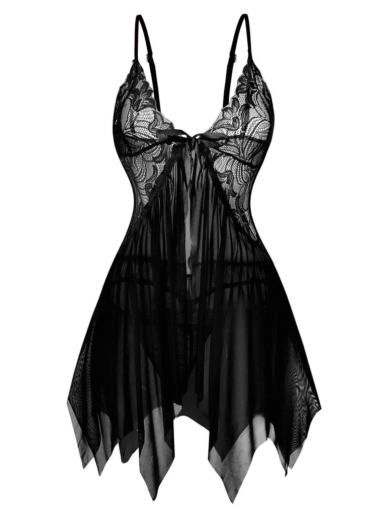 1980er Spitze Satin Band Babydoll Dessous Set